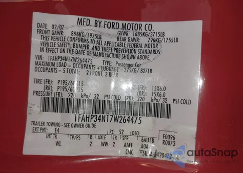 2007 Ford Focus S/Se/Ses z USA, uszkodzony, nr VIN 1FAHP34N17W264475